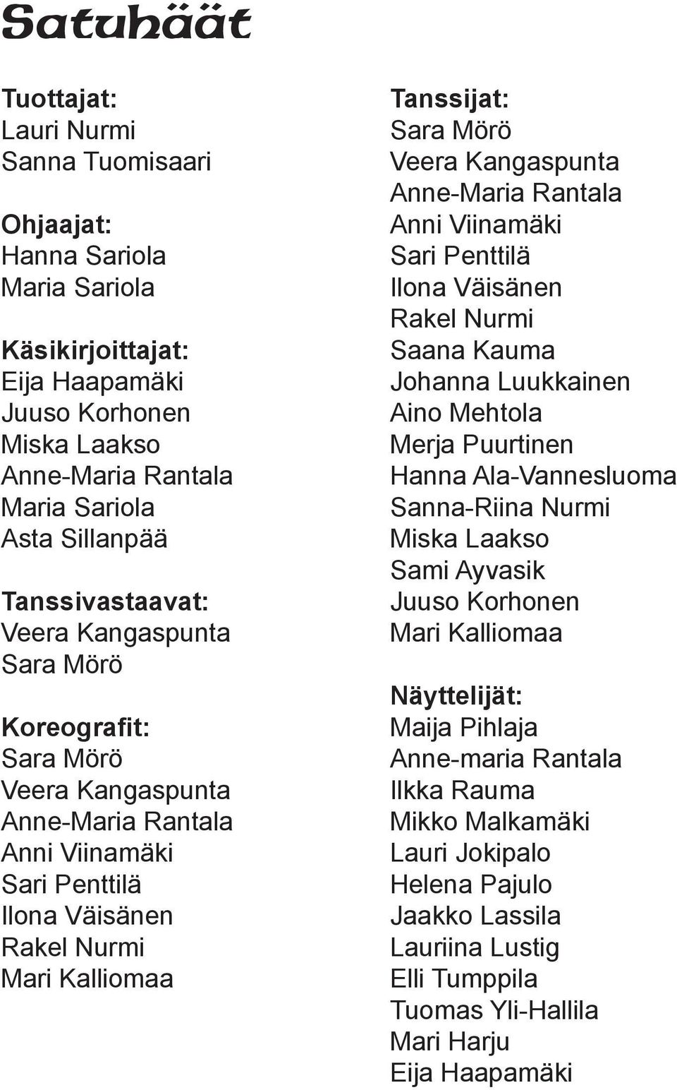 Veera Kangaspunta Anne-Maria Rantala Anni Viinamäki Sari Penttilä Ilona Väisänen Rakel Nurmi Saana Kauma Johanna Luukkainen Aino Mehtola Merja Puurtinen Hanna Ala-Vannesluoma Sanna-Riina Nurmi Miska