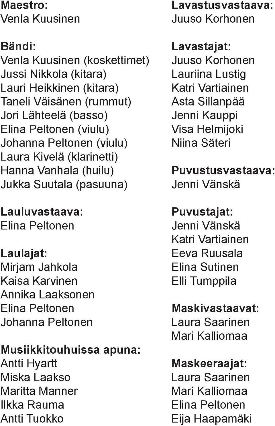 Musiikkitouhuissa apuna: Antti Hyartt Miska Laakso Maritta Manner Ilkka Rauma Antti Tuokko Lavastusvastaava: Juuso Korhonen Lavastajat: Juuso Korhonen Lauriina Lustig Katri Vartiainen Asta Sillanpää