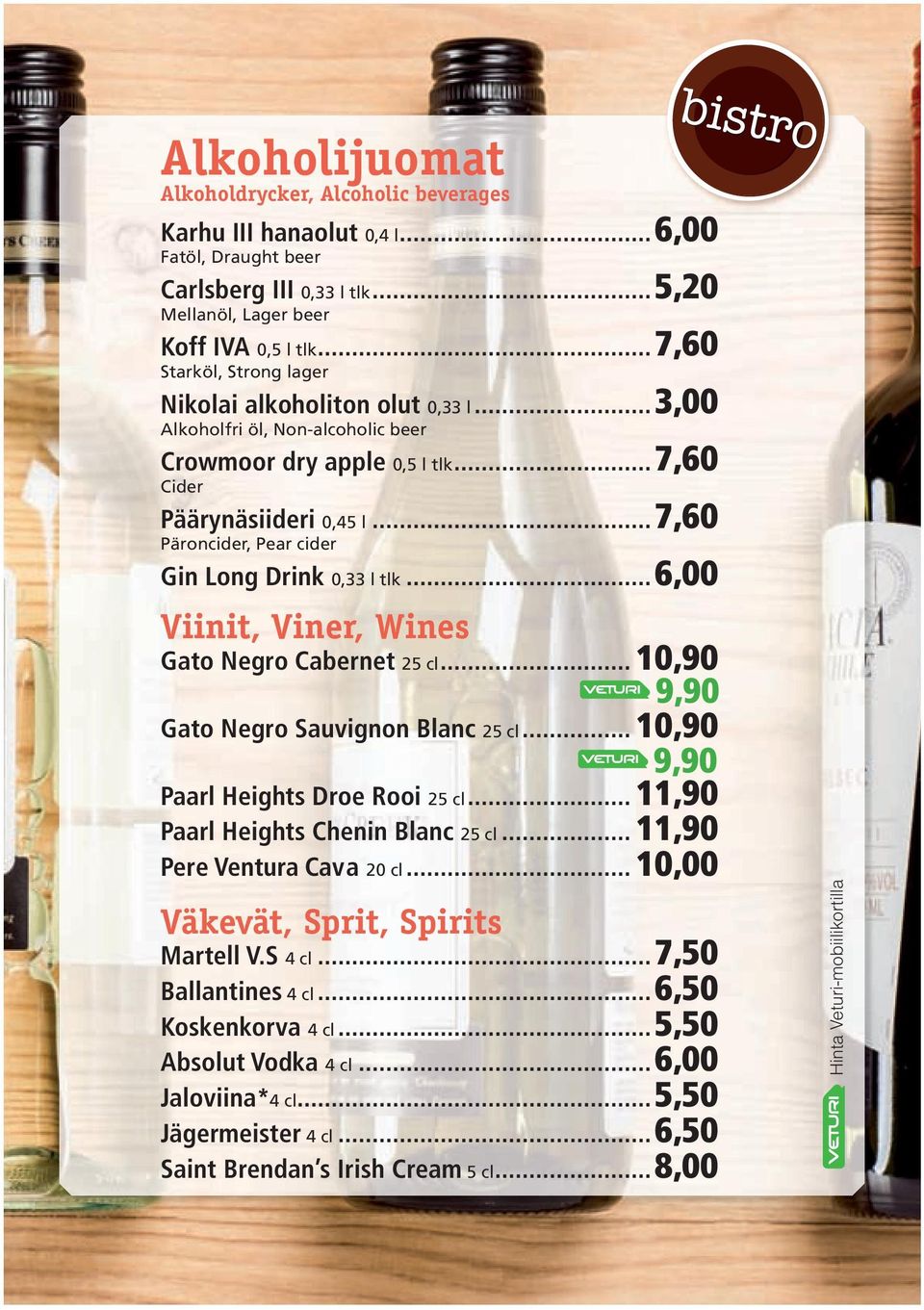 ..7,60 Päroncider, Pear cider Gin Long Drink 0,33 l tlk...6,00 Viinit, Viner, Wines Gato Negro Cabernet 25 cl... 10,90 9,90 Gato Negro Sauvignon Blanc 25 cl... 10,90 9,90 Paarl Heights Droe Rooi 25 cl.