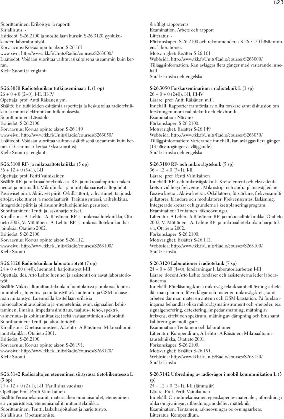 3050 Radiotekniikan tutkijaseminaari L (1 op) 26 + 0 + 0 (2+0), I-II, III-IV Opettaja: prof. Antti Räisänen ym.