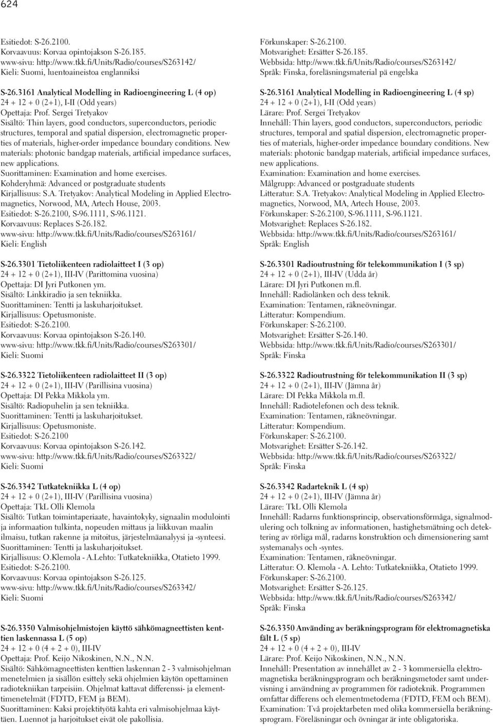 Sergei Tretyakov Sisältö: Thin layers, good conductors, superconductors, periodic structures, temporal and spatial dispersion, electromagnetic properties of materials, higher-order impedance boundary