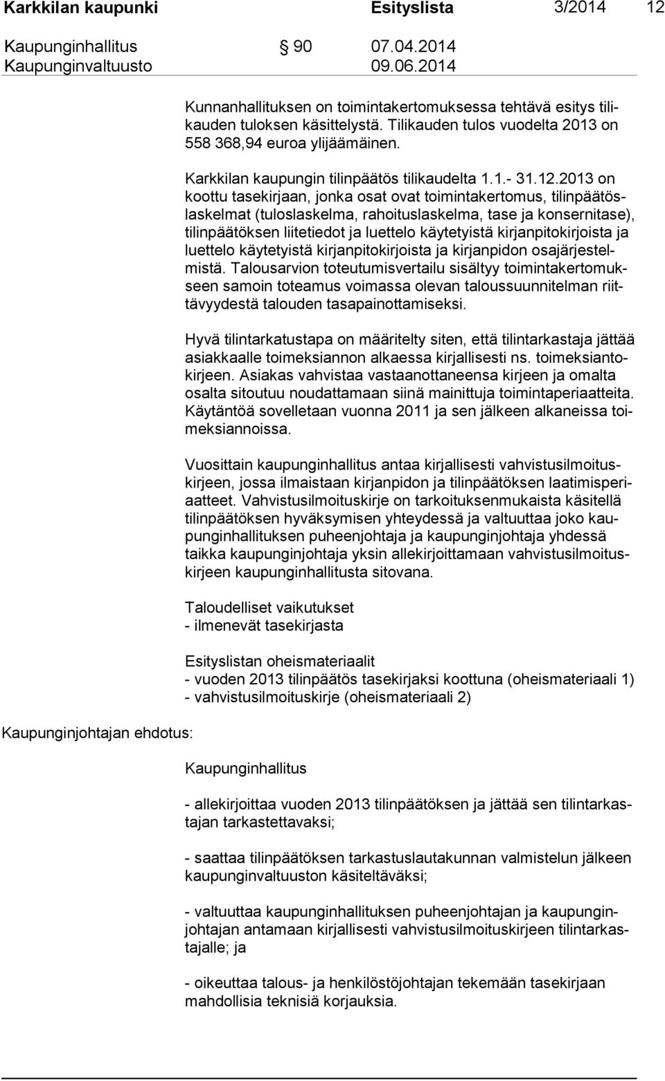 2013 on koottu tasekirjaan, jonka osat ovat toimintakertomus, tilinpäätöslaskelmat (tuloslaskelma, rahoituslaskelma, tase ja konserni tase), tilinpäätöksen liitetiedot ja luettelo käytetyistä