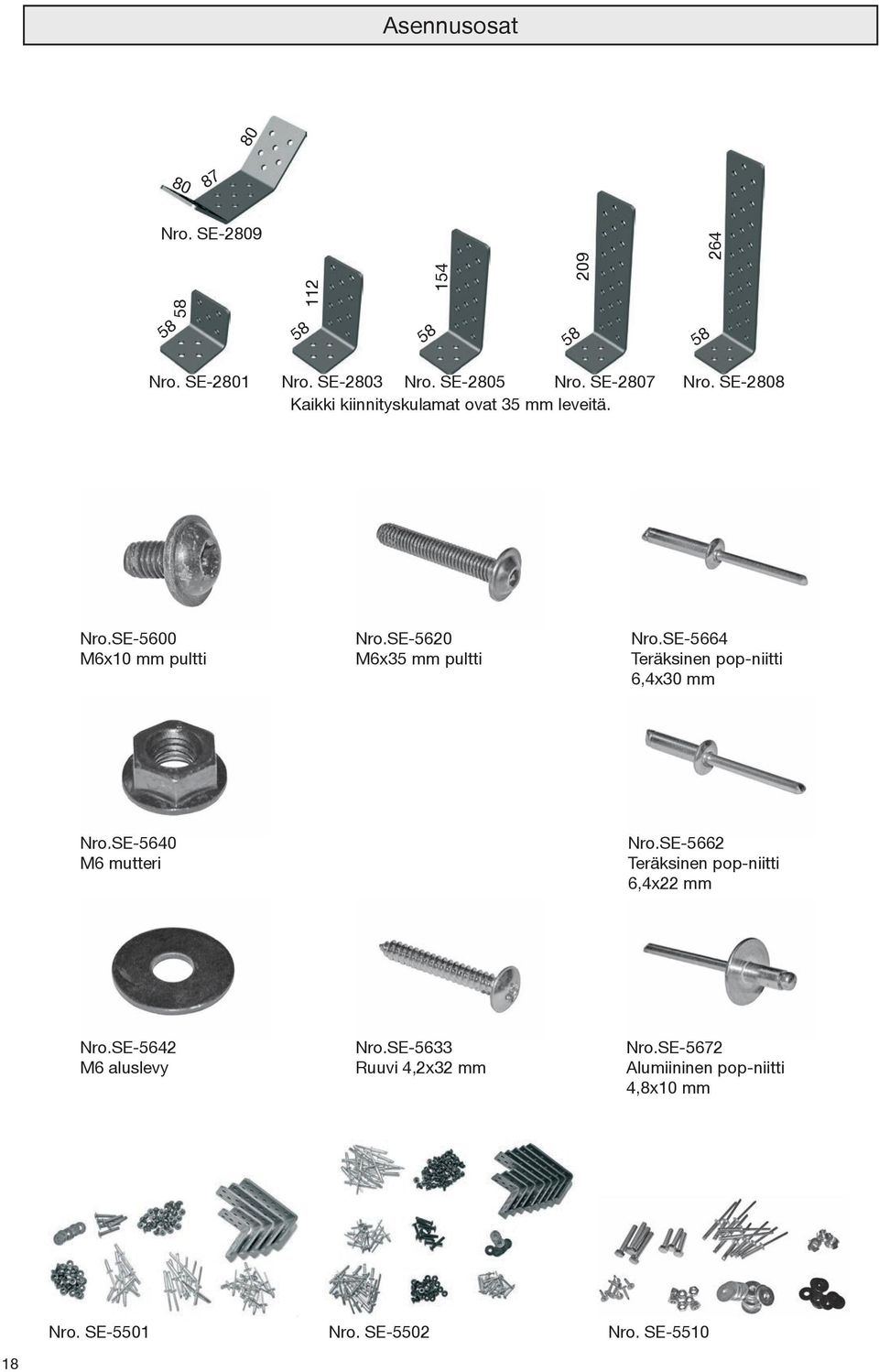 SE-560 M6x5 mm pultti Nro.SE-5664 Teräksinen pop-niitti 6,4x0 mm Nro.SE-5640 M6 mutteri Nro.