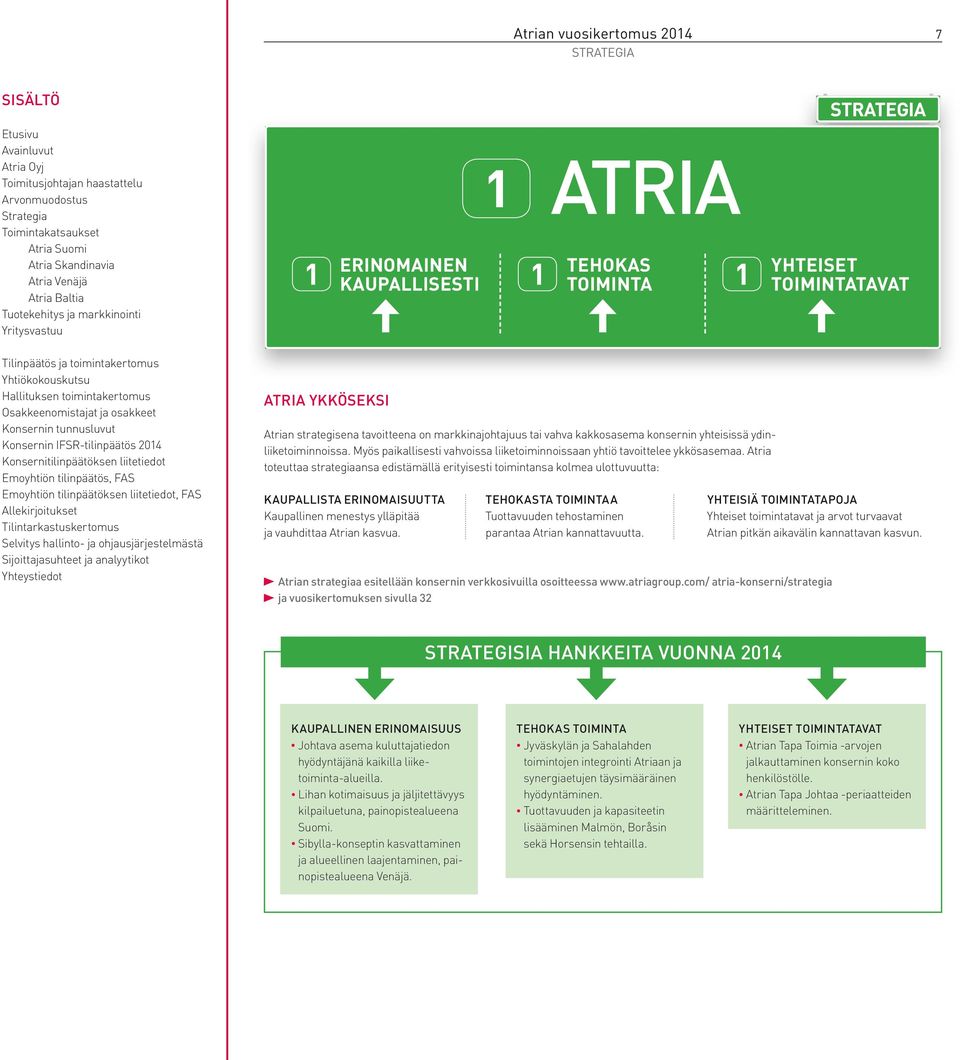 Atria toteuttaa strategiaansa edistämällä erityisesti toimintansa kolmea ulottuvuutta: KAUPALLISTA ERINOMAISUUTTA Kaupallinen menestys ylläpitää ja vauhdittaa Atrian kasvua.