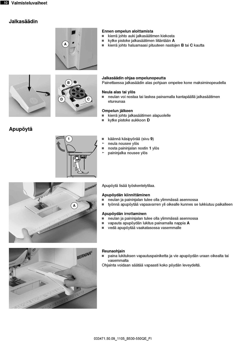jalkasäätimen etureunaa Apupöytä Ompelun jälkeen kierrä johto jalkasäätimen alapuolelle kytke pistoke aukkoon D 1 käännä käsipyörää (sivu 9) neula nousee ylös nosta paininjalan nostin 1 ylös