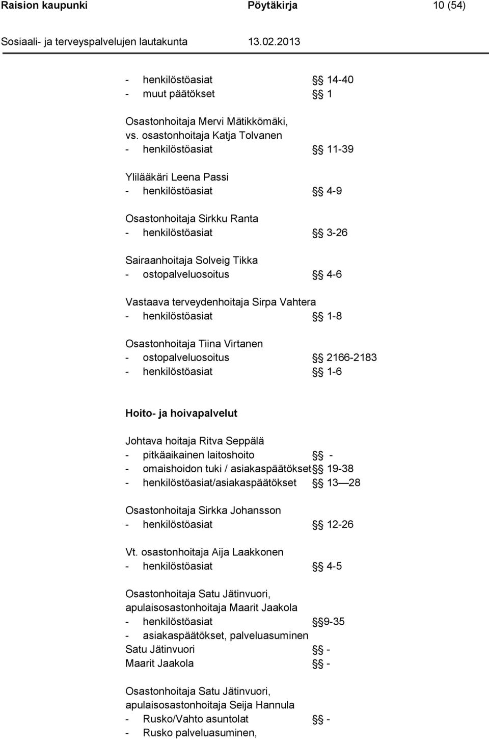 4-6 Vastaava terveydenhoitaja Sirpa Vahtera - henkilöstöasiat 1-8 Osastonhoitaja Tiina Virtanen - ostopalveluosoitus 2166-2183 - henkilöstöasiat 1-6 Hoito- ja hoivapalvelut Johtava hoitaja Ritva