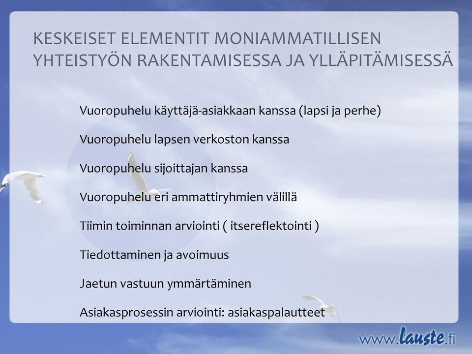 sijoittajan kanssa Vuoropuhelu eri ammattiryhmien välillä Tiimin toiminnan arviointi (