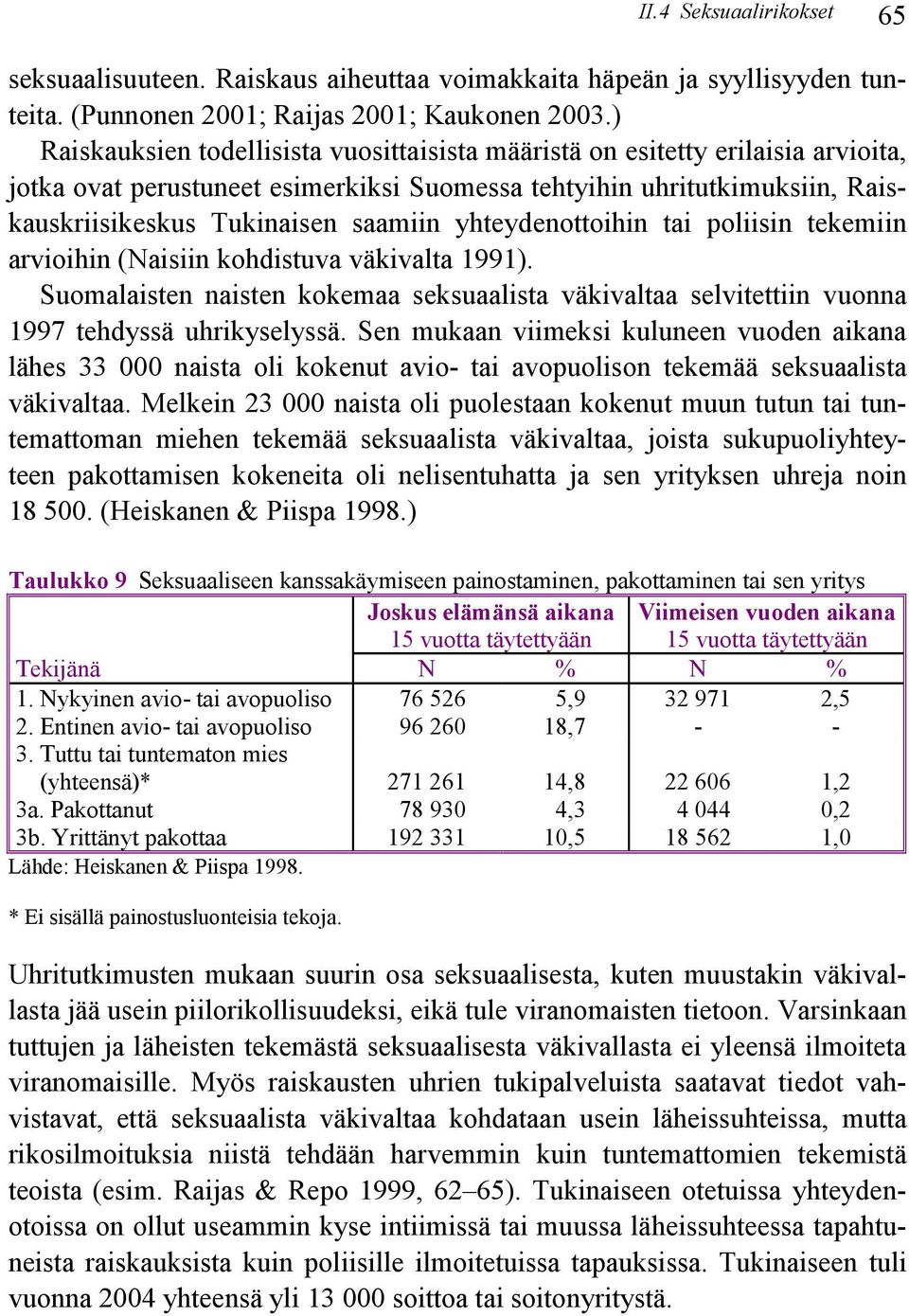 yhteydenottoihin tai poliisin tekemiin arvioihin (Naisiin kohdistuva väkivalta 1991). Suomalaisten naisten kokemaa seksuaalista väkivaltaa selvitettiin vuonna 1997 tehdyssä uhrikyselyssä.
