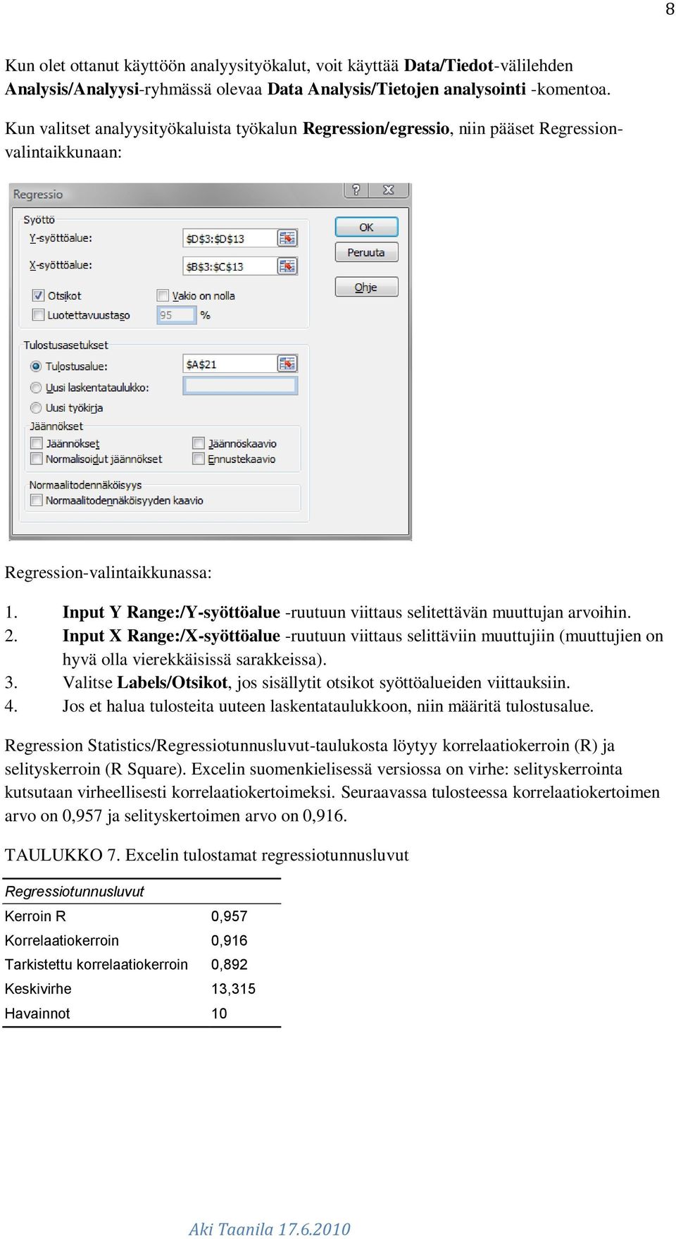 Input Y Range:/Y-syöttöalue -ruutuun viittaus selitettävän muuttujan arvoihin. 2.