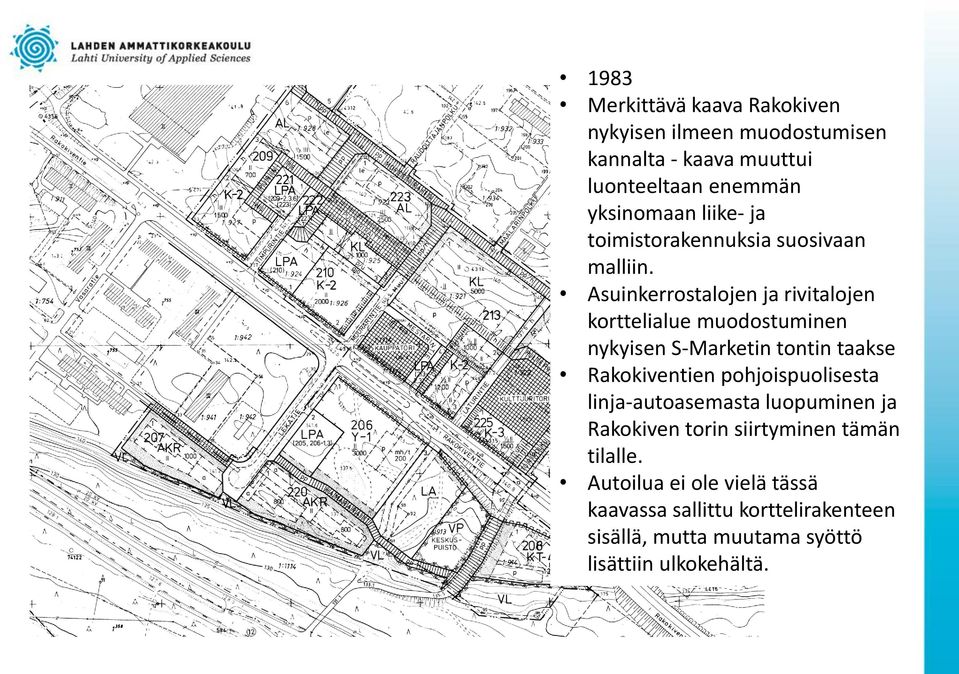 Asuinkerrostalojen ja rivitalojen korttelialue muodostuminen nykyisen S-Marketin tontin taakse Rakokiventien