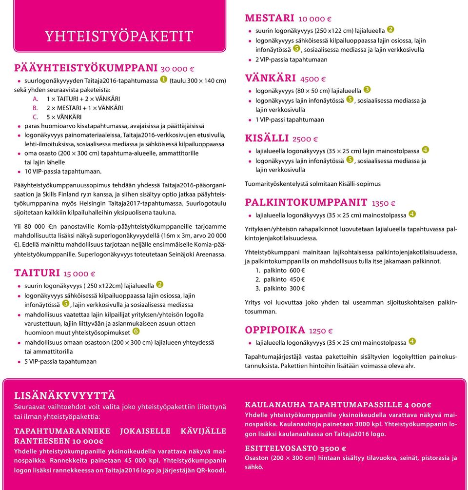 sähköisessä kilpailuoppaassa oma osasto (200 300 cm) tapahtuma-alueelle, ammattitorille tai lajin lähelle 10 VIP-passia tapahtumaan.