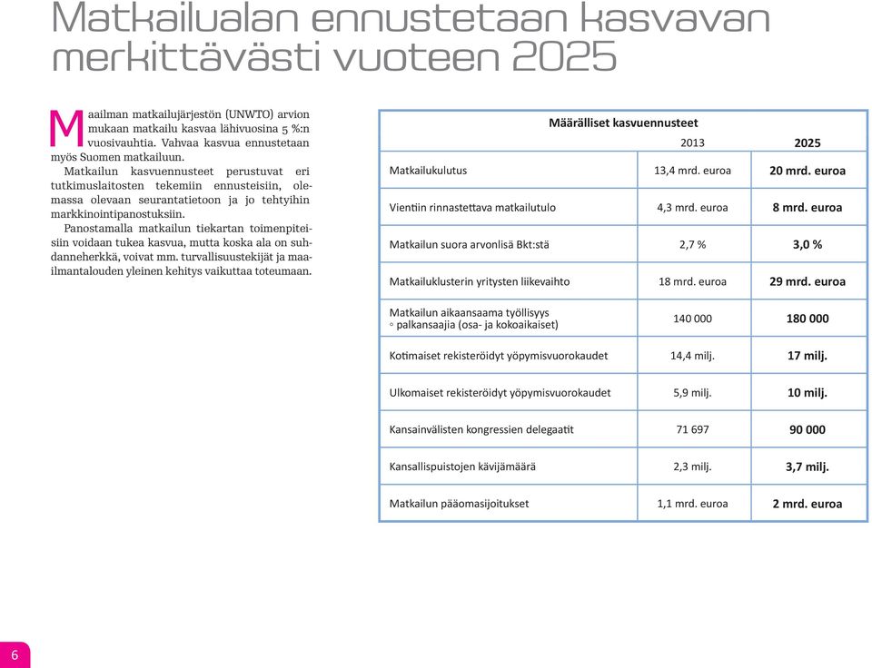 Matkailun kasvuennusteet perustuvat eri tutkimuslaitosten tekemiin ennusteisiin, olemassa olevaan seurantatietoon ja jo teh tyihin markkinointipanostuksiin.