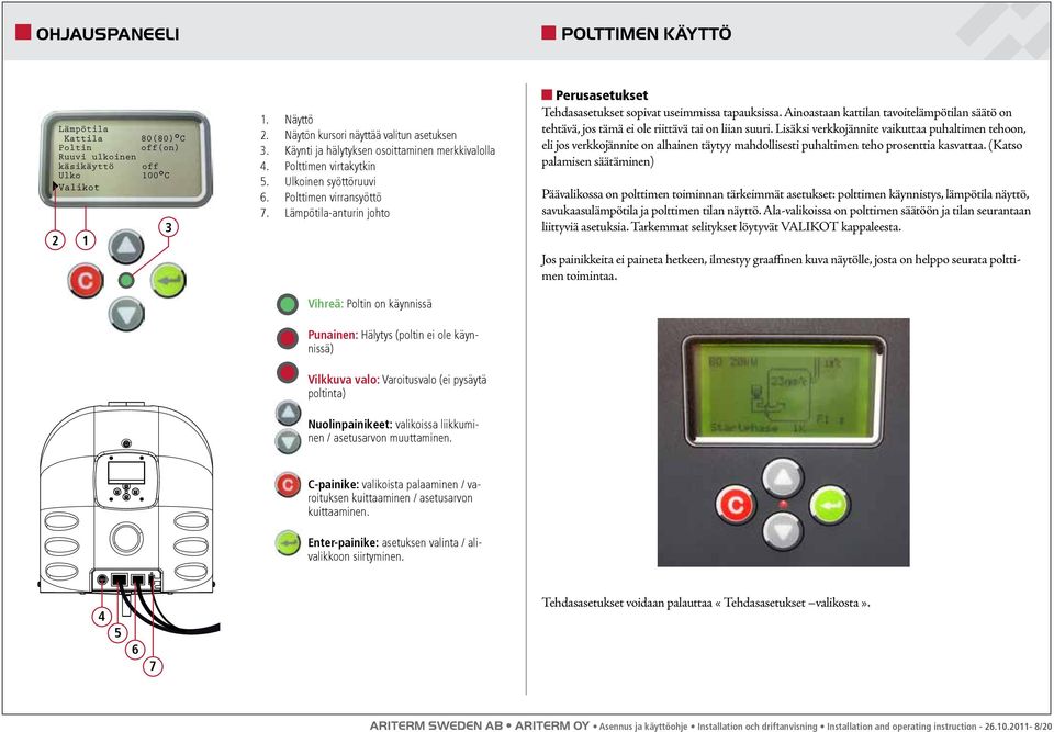 Lämpötila-anturin johto Vihreä: Poltin on käynnissä Punainen: Hälytys (poltin ei ole käynnissä) Vilkkuva valo: Varoitusvalo (ei pysäytä poltinta) Nuolinpainikeet: valikoissa liikkuminen / asetusarvon