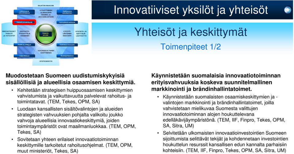 (TEM, Tekes, OPM, SA) Luodaan kansallisten sisältövalintojen ja alueiden strategisten vahvuuksien pohjalta valikoitu joukko vahvoja alueellisia innovaatiokeskittymiä, joiden toimintaympäristöt ovat