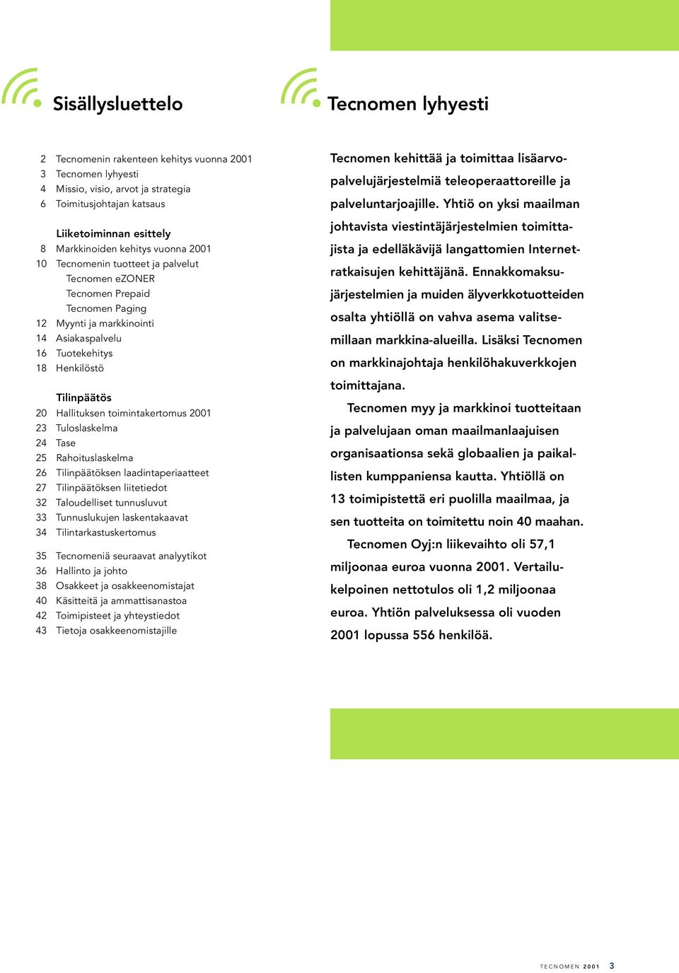 Hallituksen toimintakertomus 2001 23 Tuloslaskelma 24 Tase 25 Rahoituslaskelma 26 Tilinpäätöksen laadintaperiaatteet 27 Tilinpäätöksen liitetiedot 32 Taloudelliset tunnusluvut 33 Tunnuslukujen