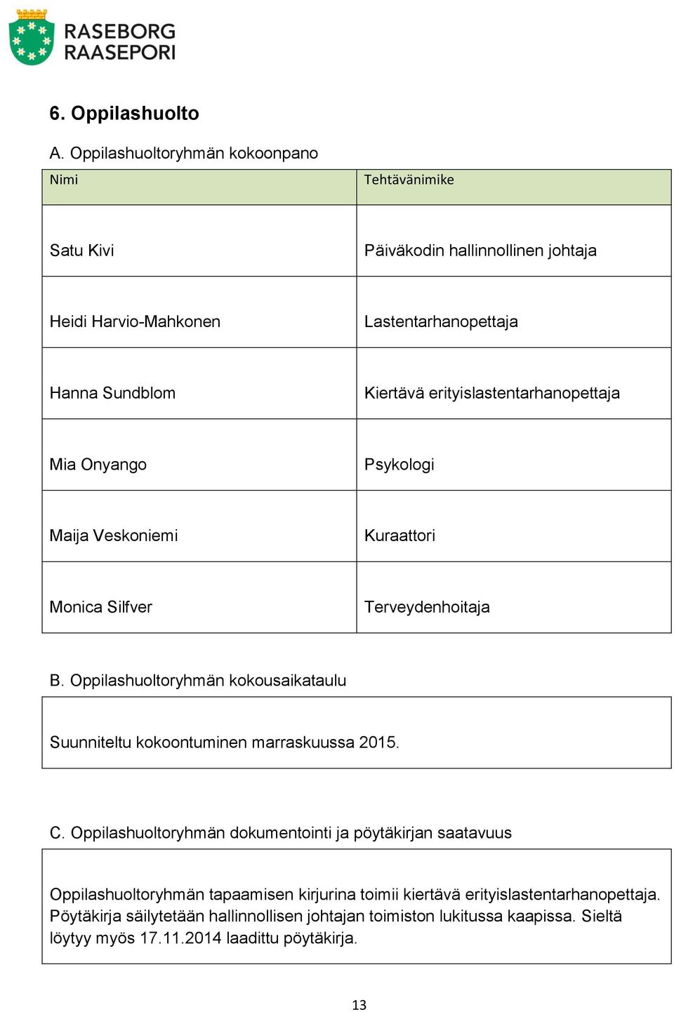 erityislastentarhanopettaja Mia Onyango Psykologi Maija Veskoniemi Kuraattori Monica Silfver Terveydenhoitaja B.