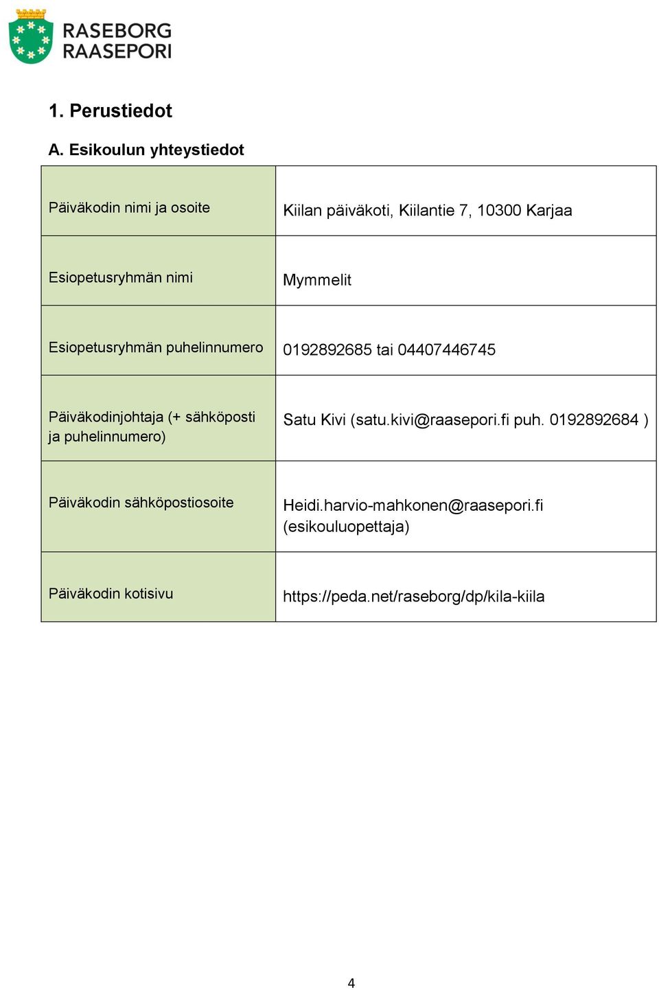 nimi Mymmelit Esiopetusryhmän puhelinnumero 0192892685 tai 04407446745 Päiväkodinjohtaja (+ sähköposti ja