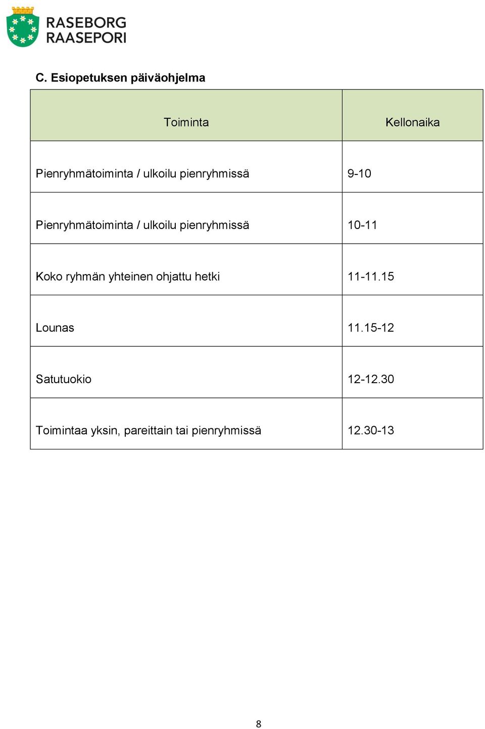 10-11 Koko ryhmän yhteinen ohjattu hetki 11-11.15 Lounas 11.