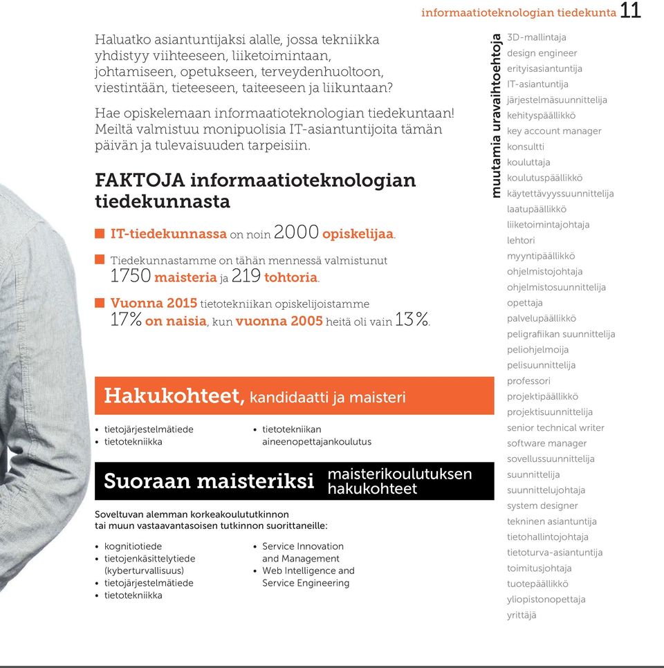 FAKTOJA informaatioteknologian tiedekunnasta IT-tiedekunnassa on noin 2000 opiskelijaa. Tiedekunnastamme on tähän mennessä valmistunut 1750 maisteria ja 219 tohtoria.