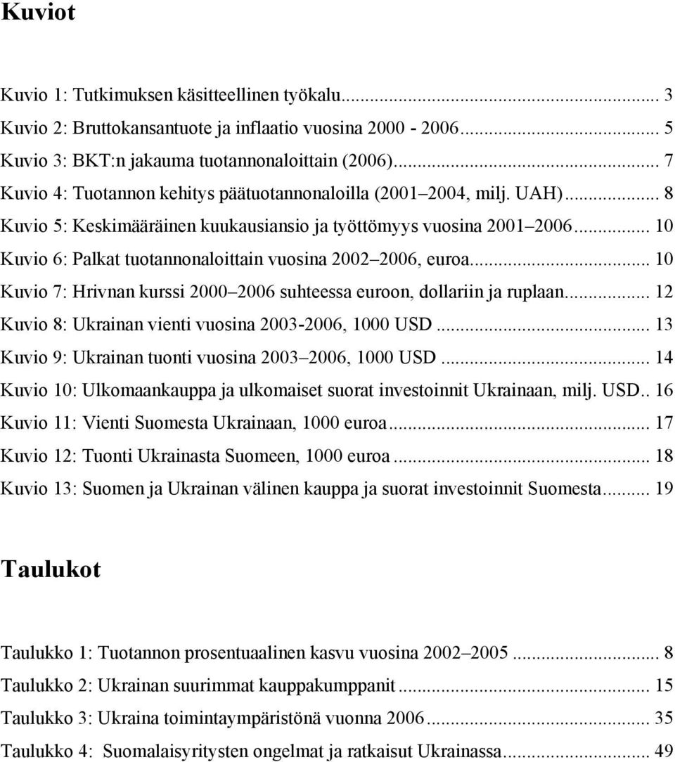 .. 10 Kuvio 6: Palkat tuotannonaloittain vuosina 2002 2006, euroa... 10 Kuvio 7: Hrivnan kurssi 2000 2006 suhteessa euroon, dollariin ja ruplaan.