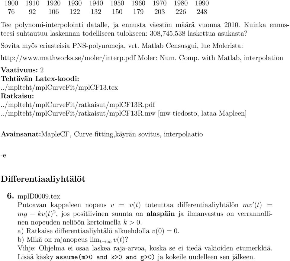 se/moler/interp.pdf Moler: Num. Comp. with Matlab, interpolation Vaativuus: 2../mplteht/mplCurveFit/mplCF13.tex Ratkaisu:../mplteht/mplCurveFit/ratkaisut/mplCF13R.