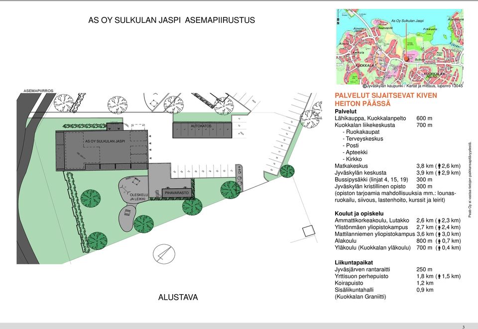 Jyväskylän keskusta 3,9 km ( 2,9 km) Bussipysäkki (linjat 4, 15, 19) 300 m Jyväskylän kristillinen opisto 300 m (opiston tarjoamia mahdollisuuksia mm.