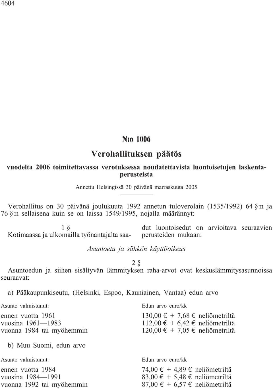 luontoisedut on arvioitava seuraavien perusteiden mukaan: Asuntoetu ja sähkön käyttöoikeus 2 Asuntoedun ja siihen sisältyvän lämmityksen raha-arvot ovat keskuslämmitysasunnoissa seuraavat: a)