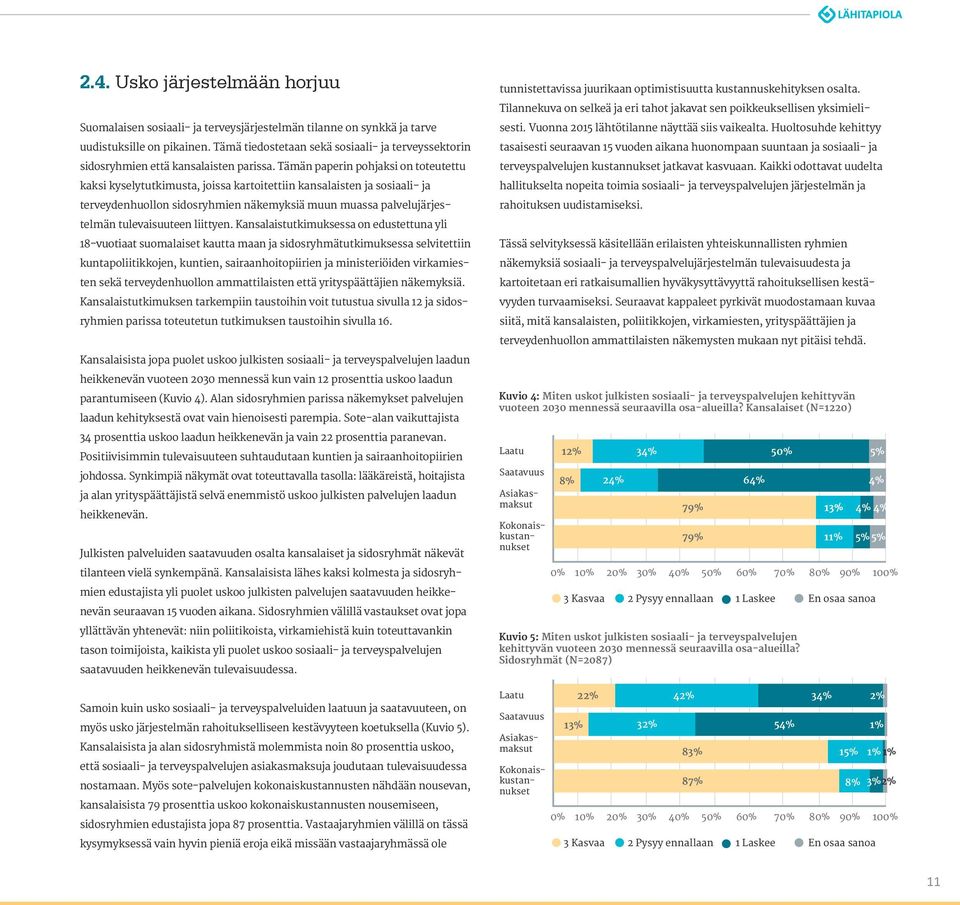 Tämän paperin pohjaksi on toteutettu kaksi kyselytutkimusta, joissa kartoitettiin kansalaisten ja sosiaali- ja terveydenhuollon sidosryhmien näkemyksiä muun muassa palvelujärjestelmän tulevaisuuteen