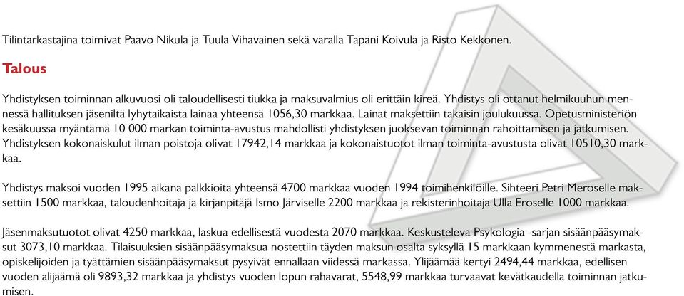 Yhdistys oli ottanut helmikuuhun mennessä hallituksen jäseniltä lyhytaikaista lainaa yhteensä 1056,30 markkaa. Lainat maksettiin takaisin joulukuussa.