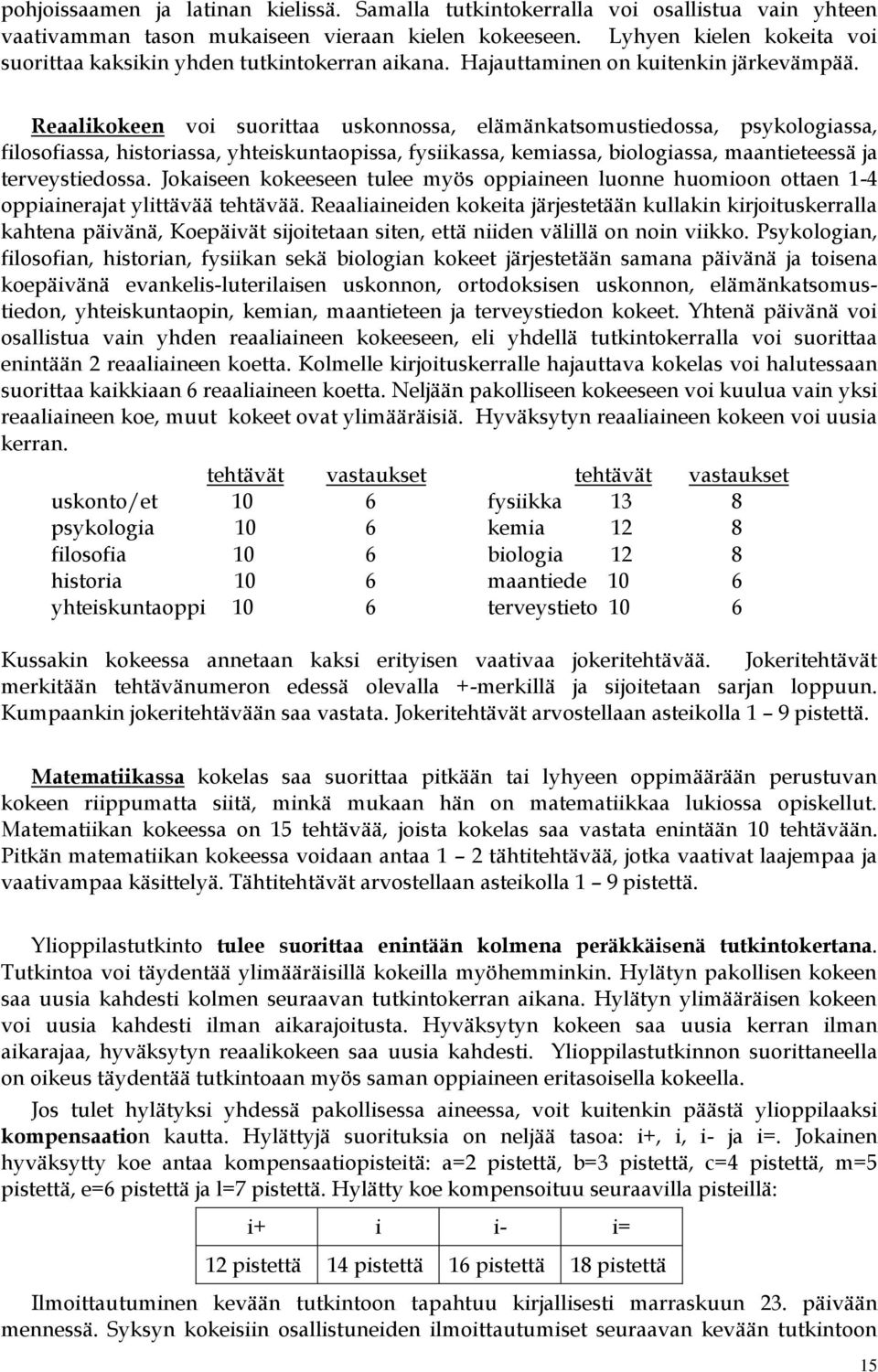 Reaalikokeen voi suorittaa uskonnossa, elämänkatsomustiedossa, psykologiassa, filosofiassa, historiassa, yhteiskuntaopissa, fysiikassa, kemiassa, biologiassa, maantieteessä ja terveystiedossa.