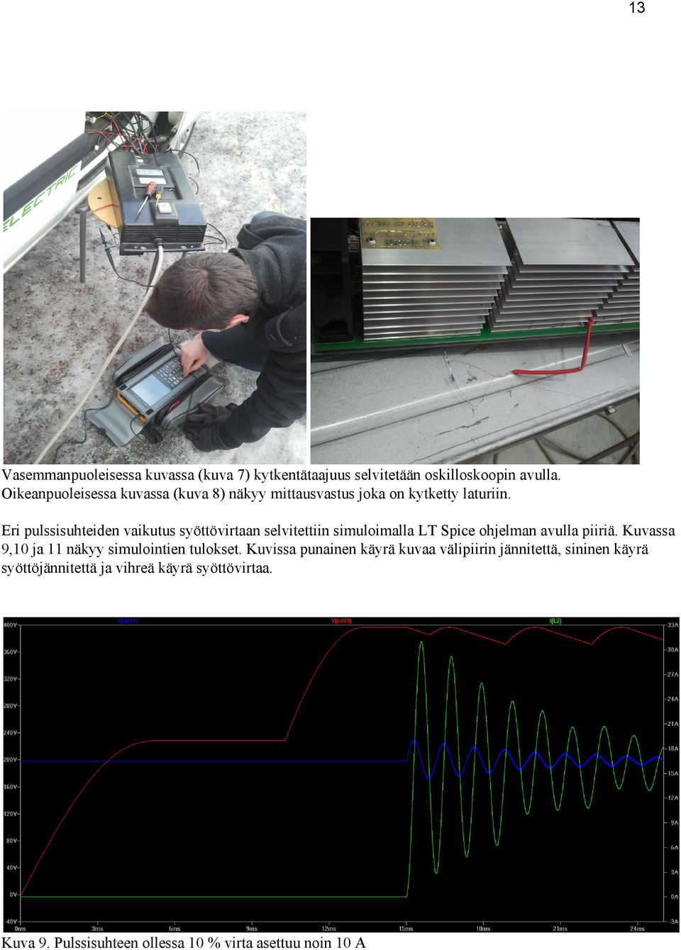 Eri pulssisuhteiden vaikutus syöttövirtaan selvitettiin simuloimalla LT Spice ohjelman avulla piiriä.
