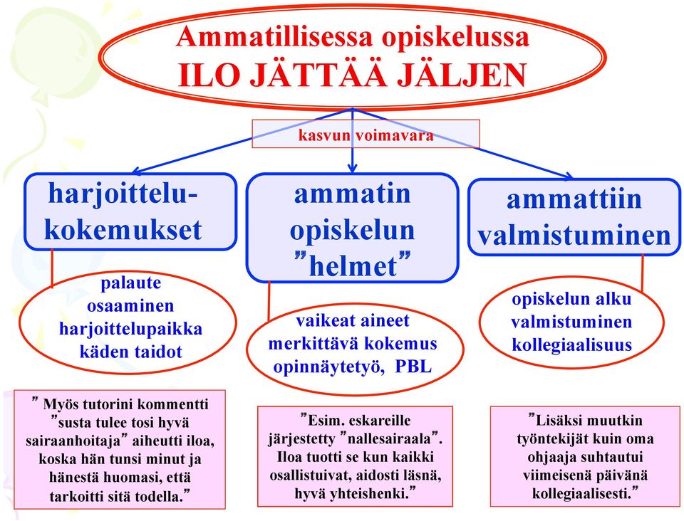 ammatin opiskelun helmet vaikeat aineet merkittävä kokemus opinnäytetyö, PBL Esim. eskareille järjestetty nallesairaala.