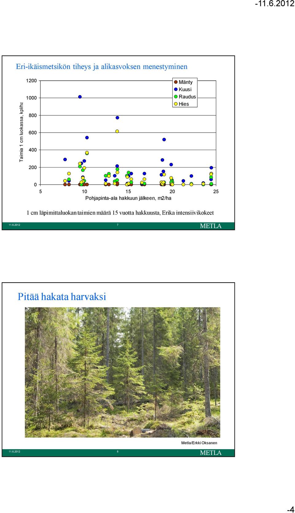 hakkuun jälkeen, m2/ha 1 cm läpimittaluokan taimien määrä 15 vuotta hakkuusta,