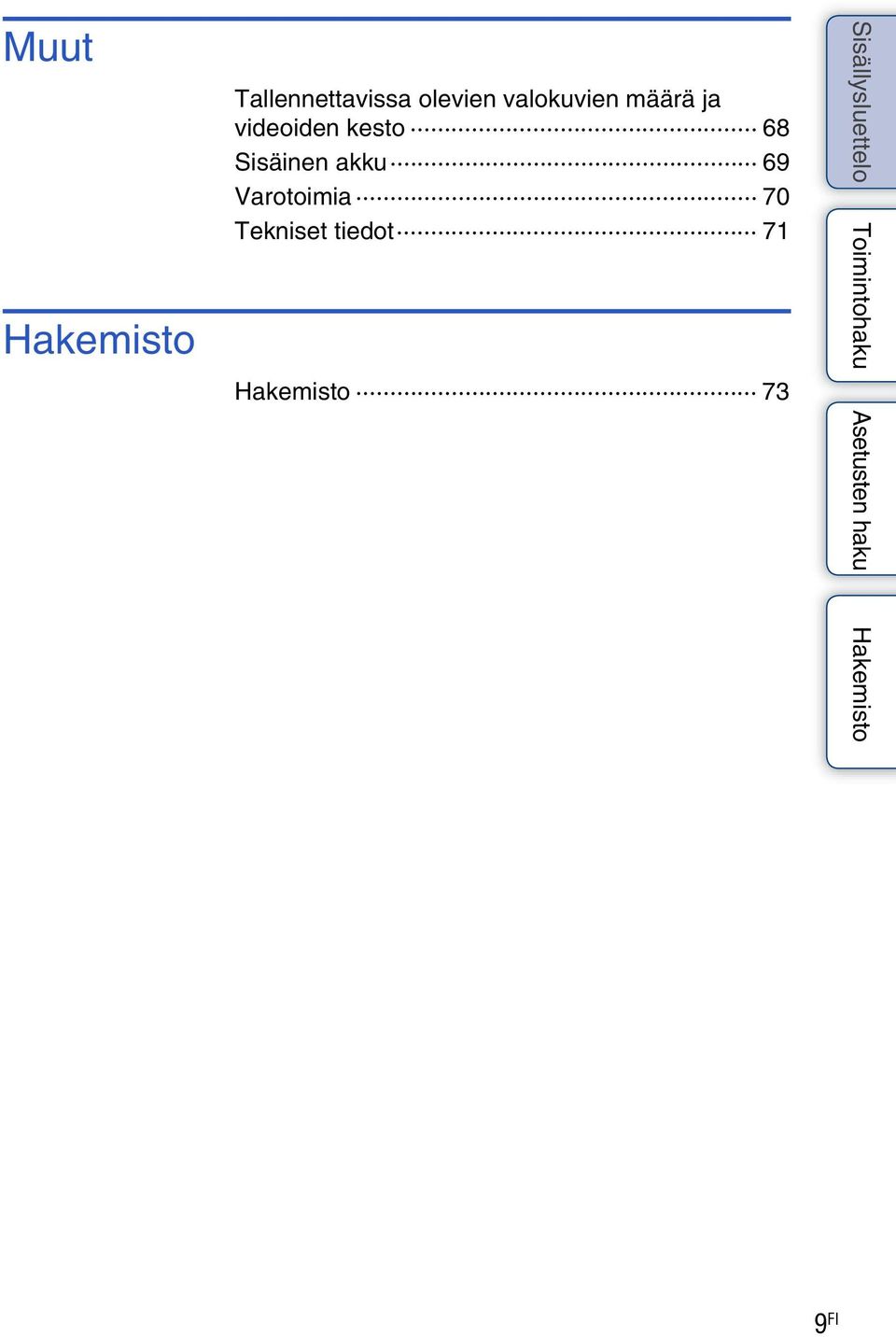 videoiden kesto 68 Sisäinen akku 69