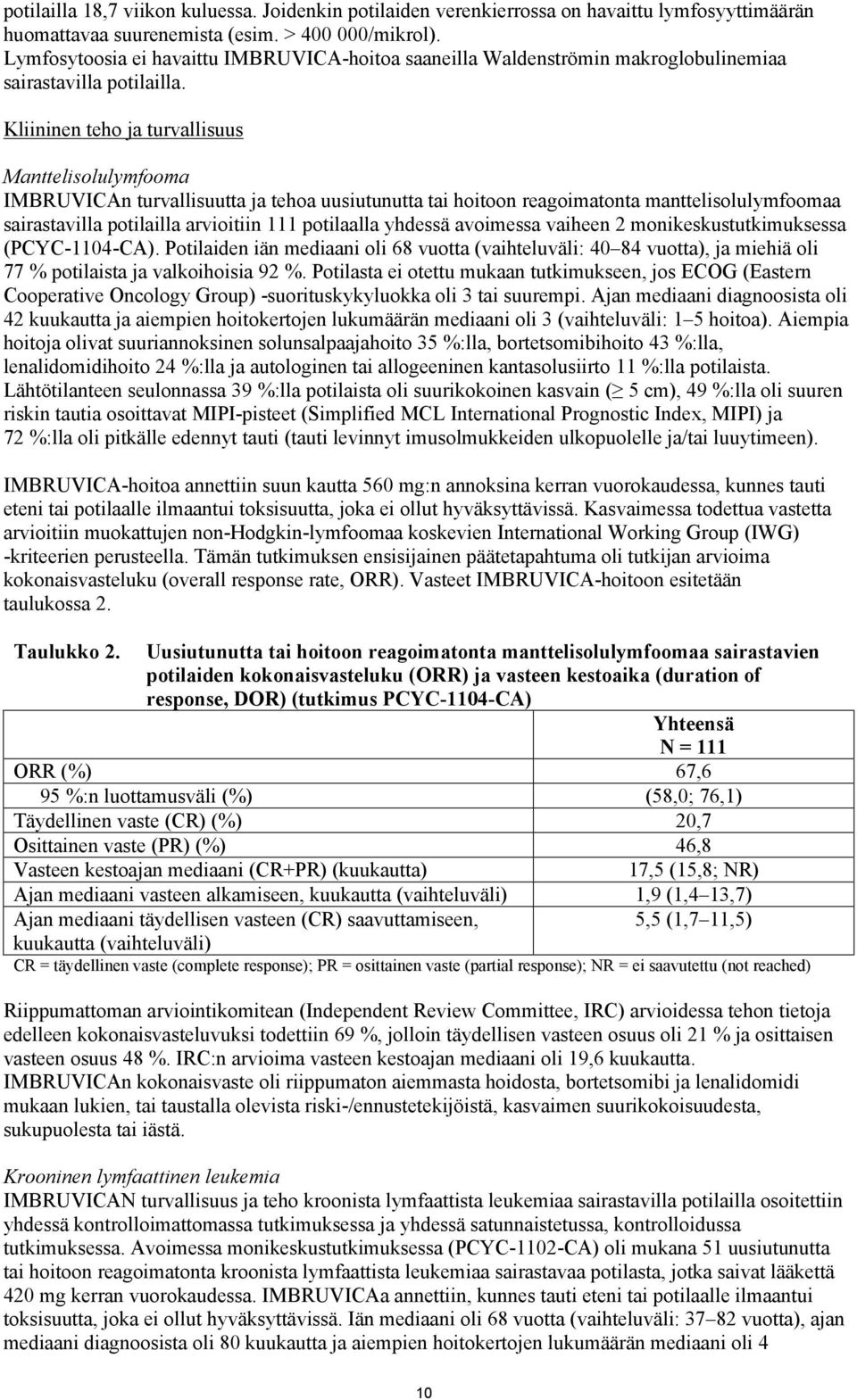 Kliininen teho ja turvallisuus Manttelisolulymfooma IMBRUVICAn turvallisuutta ja tehoa uusiutunutta tai hoitoon reagoimatonta manttelisolulymfoomaa sairastavilla potilailla arvioitiin 111 potilaalla