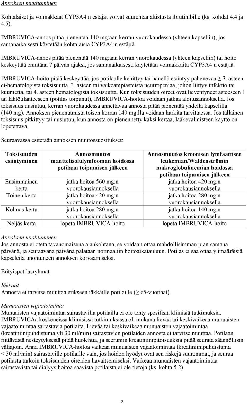 IMBRUVICA-annos pitää pienentää 140 mg:aan kerran vuorokaudessa (yhteen kapseliin) tai hoito keskeyttää enintään 7 päivän ajaksi, jos samanaikaisesti käytetään voimakkaita CYP3A4:n estäjiä.