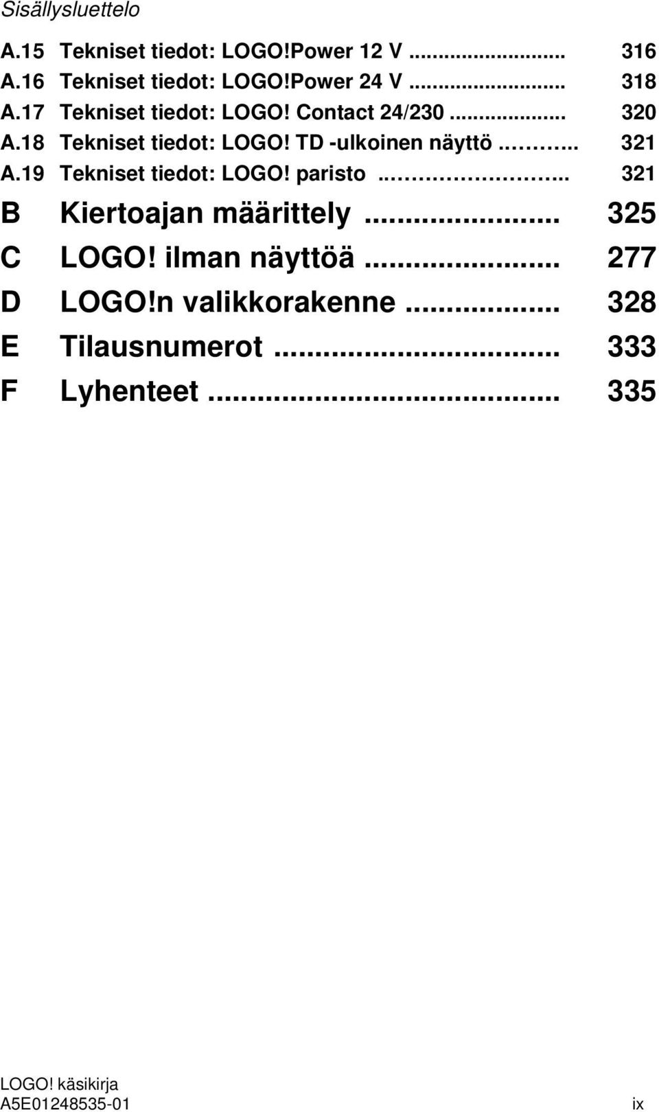 TD -ulkoinen näyttö... 321 A.19 Tekniset tiedot: LOGO! paristo.... 321 B Kiertoajan määrittely.