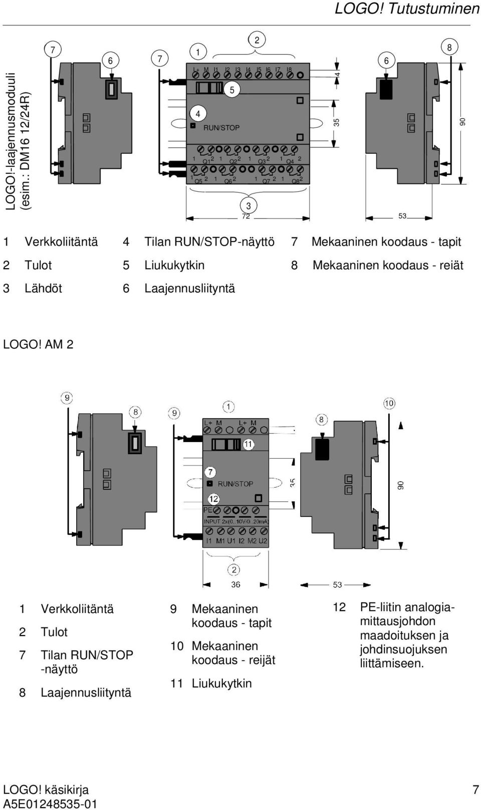 indicator 5 Liukukytkin 5 Slide 6 Laajennusliityntä 6 Expansion interface 7 7 Mekaaninen Mechanical koodaus coding pins - tapit 8 Mekaaninen 8 Mechanical koodaus coding sockets - reiät LOGO!