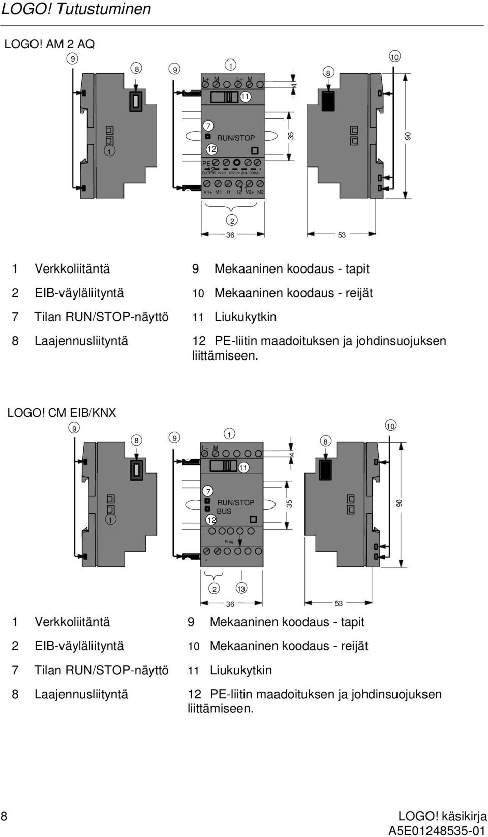 Mekaaninen coding pins koodaus - 12 tapit PE terminal, for connecting earth 10 Mekaaninen koodaus - reijät 10 Mechanical coding sockets 11 Liukukytkin 11 Slide 12 PE-liitin maadoituksen ja