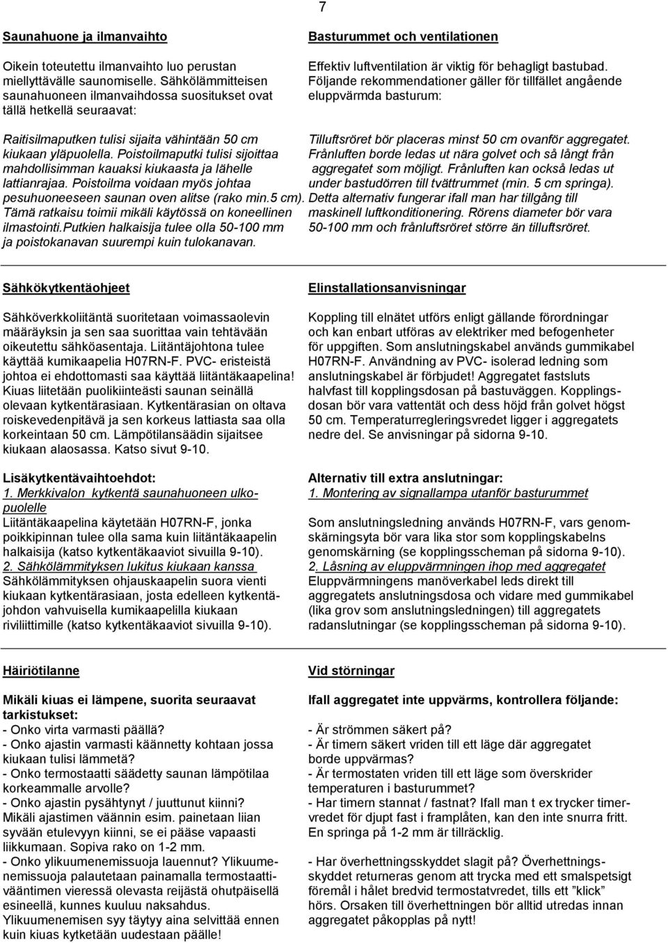 Följande rekommendationer gäller för tillfället angående eluppvärmda basturum: Raitisilmaputken tulisi sijaita vähintään 50 cm Tilluftsröret bör placeras minst 50 cm ovanför aggregatet.