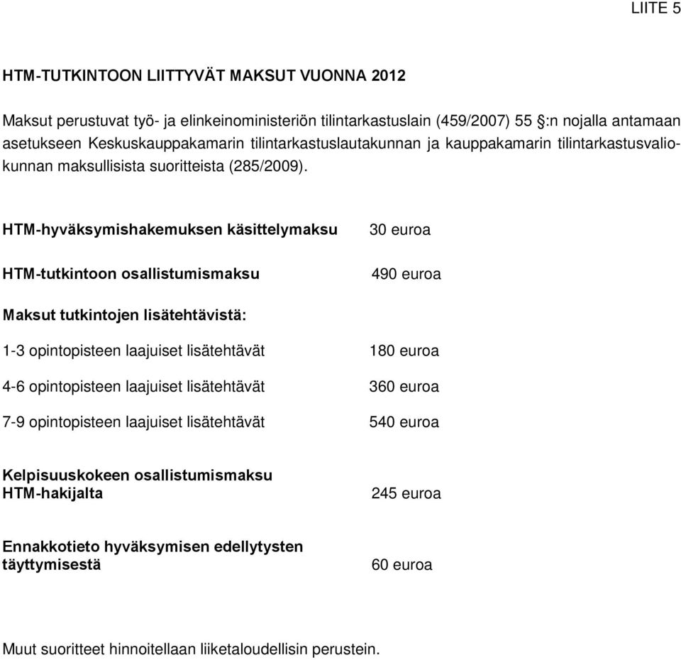 HTM-hyväksymishakemuksen käsittelymaksu 30 euroa HTM-tutkintoon osallistumismaksu 490 euroa Maksut tutkintojen lisätehtävistä: 1-3 opintopisteen laajuiset lisätehtävät 180 euroa 4-6