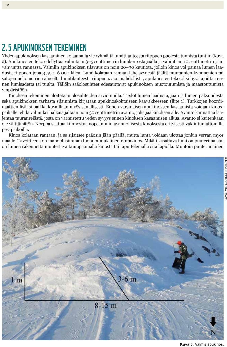 Valmiin apukinoksen tilavuus on noin 20 30 kuutiota, jolloin kinos voi painaa lumen laadusta riippuen jopa 3 500 6 000 kiloa.