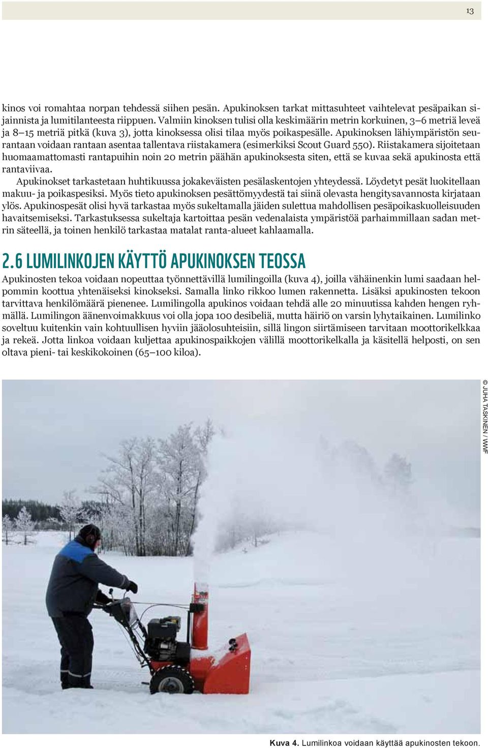 Apukinoksen lähiympäristön seurantaan voidaan rantaan asentaa tallentava riistakamera (esimerkiksi Scout Guard 550).