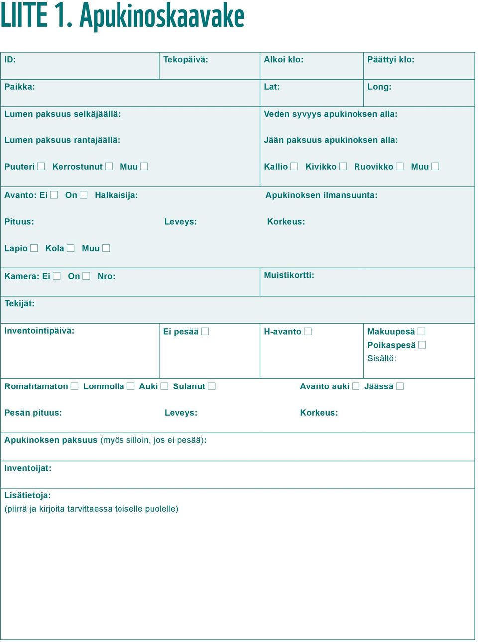 apukinoksen alla: Puuteri Kerrostunut Muu Kallio Kivikko Ruovikko Muu Avanto: Ei On Halkaisija: Apukinoksen ilmansuunta: Pituus: Leveys: Korkeus: Lapio Kola Muu Kamera: Ei On