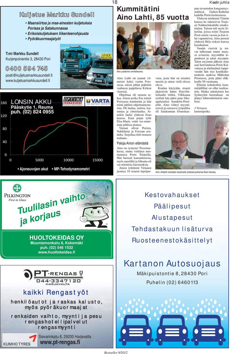 (02) 824 0955 Ajoneuvojen akut MP-Tehodynamometri 18 Kummitätini Aino Lahti, 85 vuotta Aino ysstävien onniteltavana.