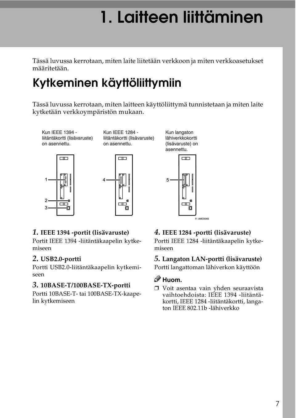 IEEE 1394 -portit (lisävaruste) Portit IEEE 1394 -liitäntäkaapelin kytkemiseen 2. USB2.0-portti Portti USB2.0-liitäntäkaapelin kytkemiseen 3.