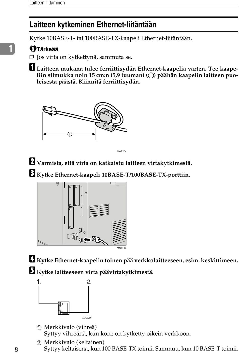 AEV047S B Varmista, että virta on katkaistu laitteen virtakytkimestä. C Kytke Ethernet-kaapeli 10BASE-T/100BASE-TX-porttiin. AMB016S D Kytke Ethernet-kaapelin toinen pää verkkolaitteeseen, esim.