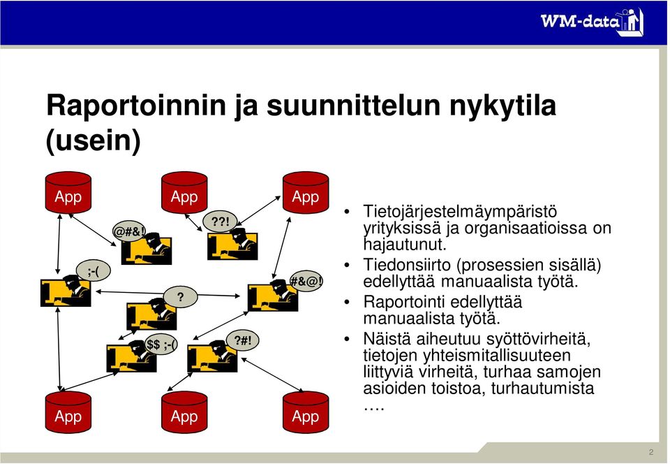 Tiedonsiirto (prosessien sisällä) edellyttää manuaalista työtä.