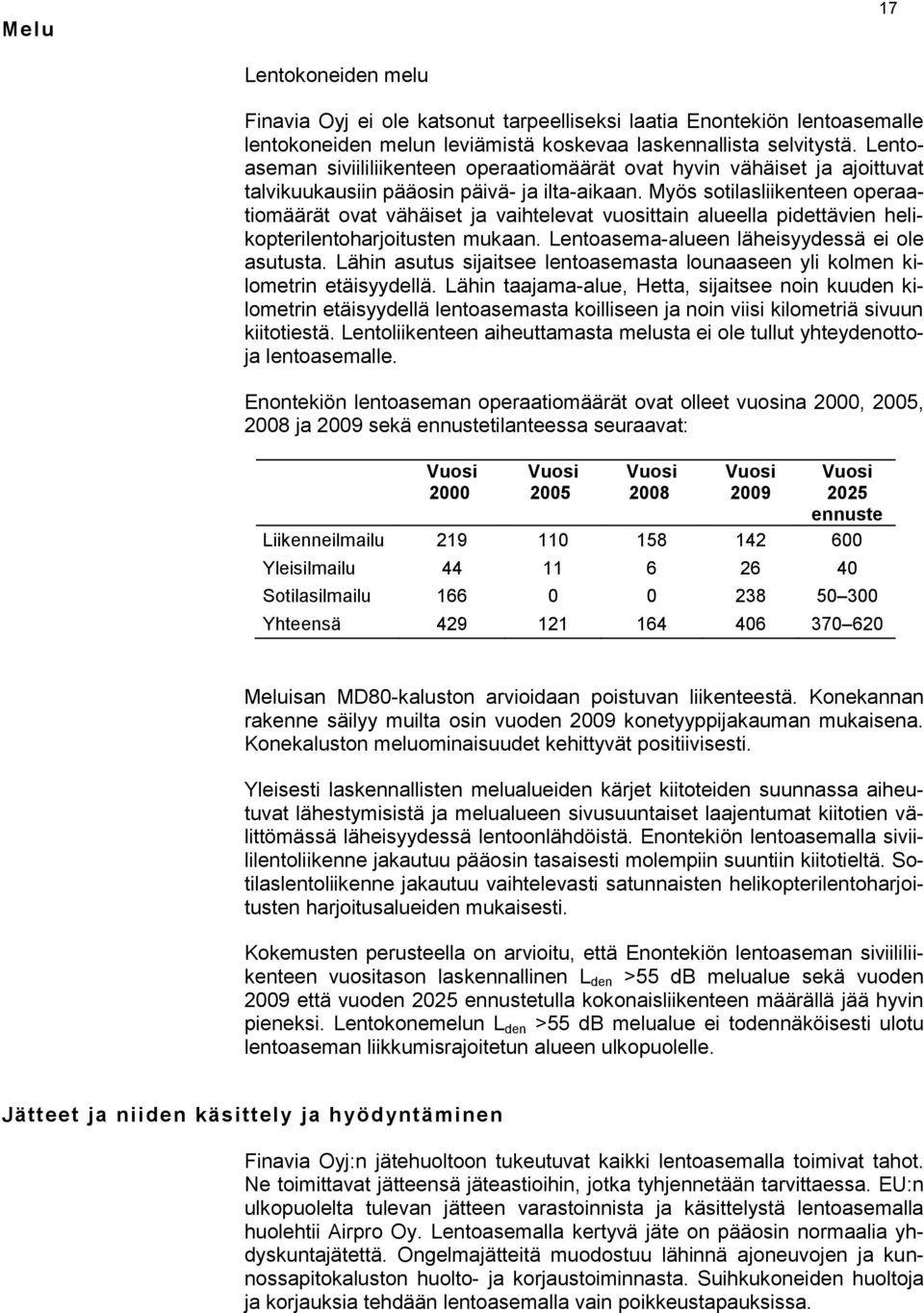 Myös sotilasliikenteen operaatiomäärät ovat vähäiset ja vaihtelevat vuosittain alueella pidettävien helikopterilentoharjoitusten mukaan. Lentoasema-alueen läheisyydessä ei ole asutusta.