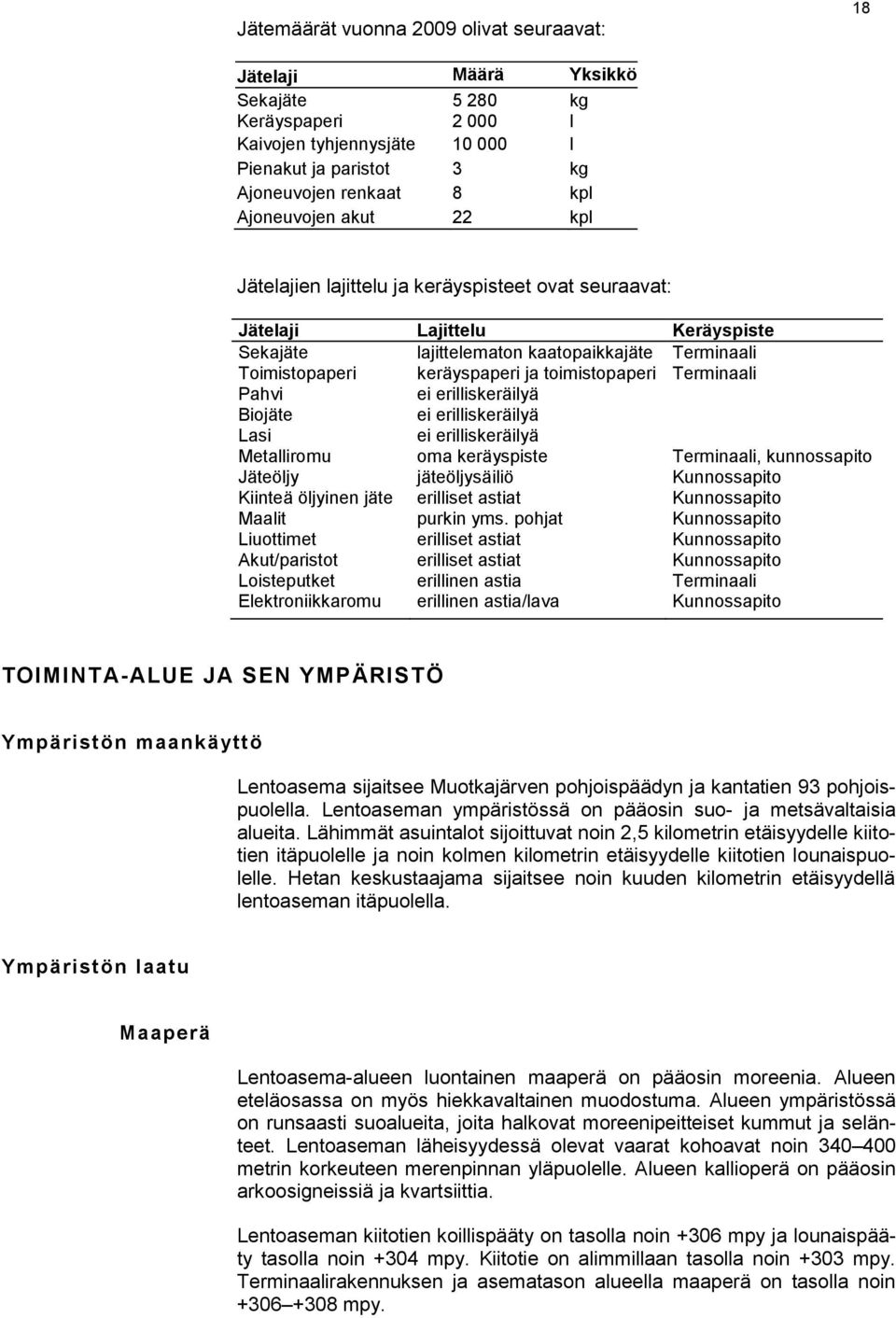 toimistopaperi Terminaali Pahvi ei erilliskeräilyä Biojäte ei erilliskeräilyä Lasi ei erilliskeräilyä Metalliromu oma keräyspiste Terminaali, kunnossapito Jäteöljy jäteöljysäiliö Kunnossapito Kiinteä